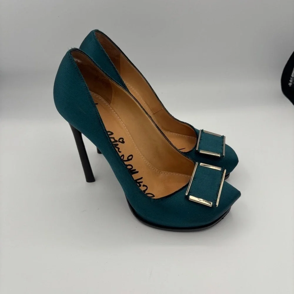 Lanvin Platform Pumps Women Sz 39 Teal Satin Buckle Stiletto Heel Luxury